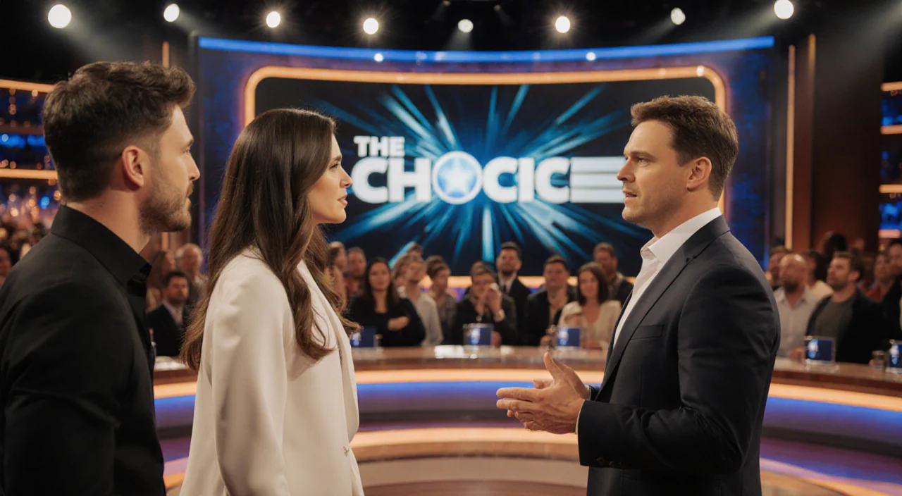 Contestant speaking in an intense discussion with warm lighting and a TV studio screen behind audience reflections in backgro