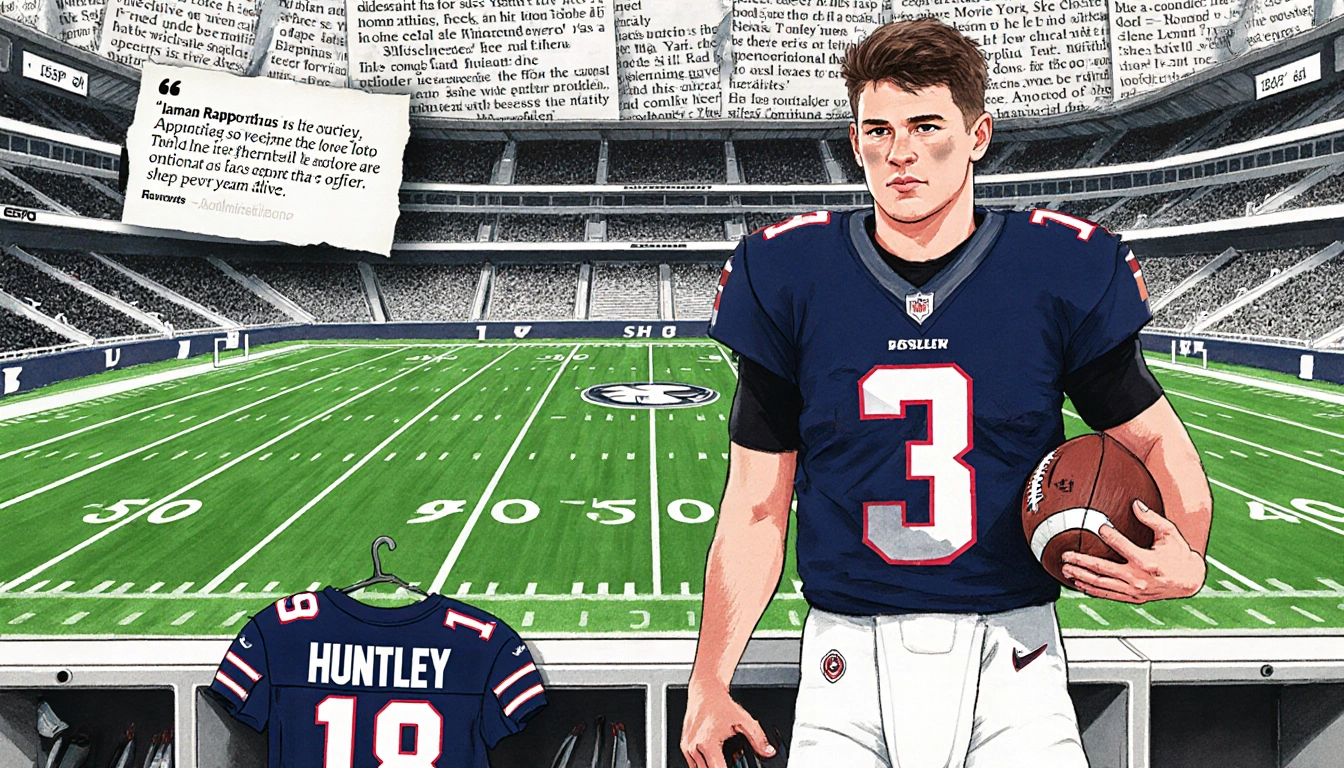 Tyler Huntley stands field point with a football while Lamar Jackson jersey hangs nearby and headlines of Ian Rapoport.