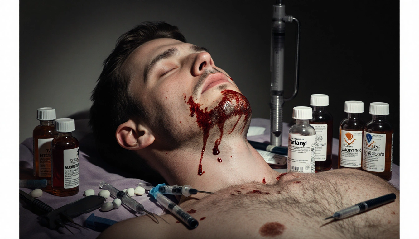 Deceased face showing vomit with syringes and pill bottles in a dim mortuary setting.