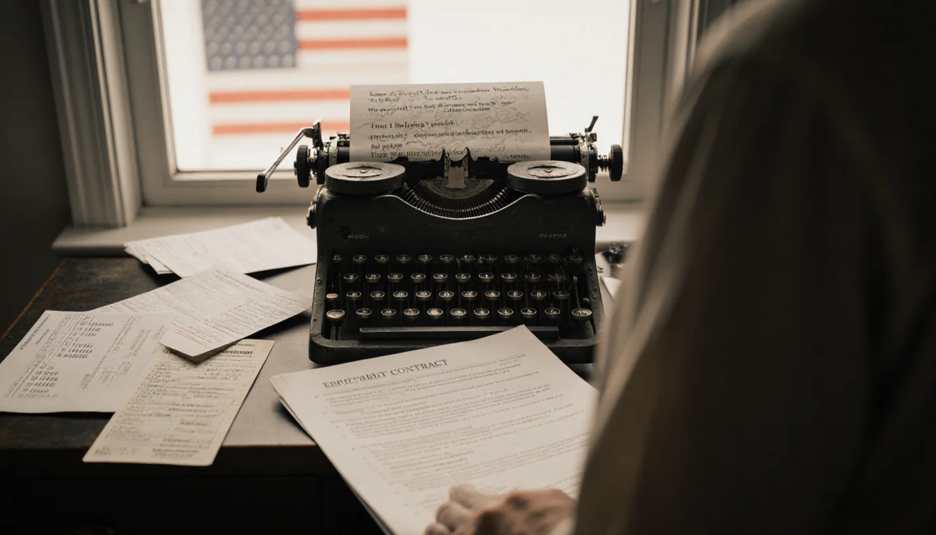 Person standing before typewriter with job listings and resumes in background and open contract on desk with flag at window
