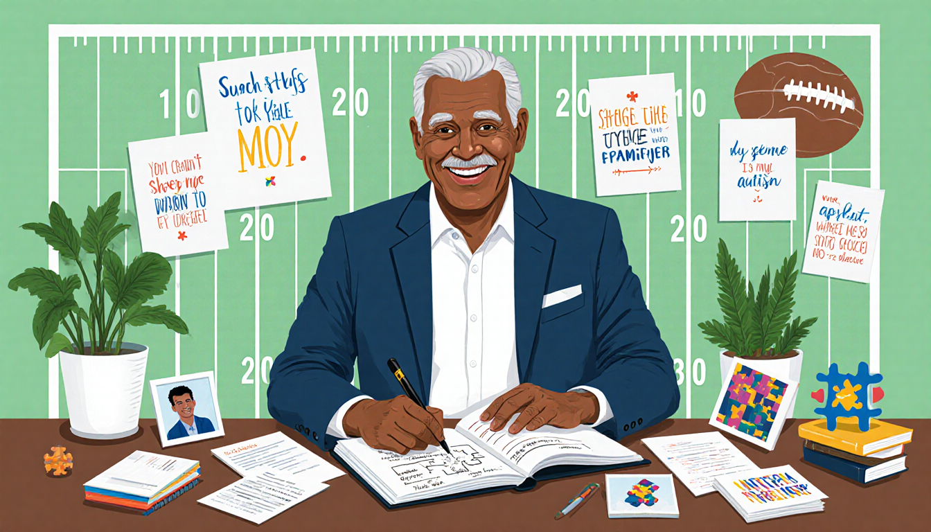 Tyrone Rodgers smiling while writing in a notebook with a football field grid background and plants for autism awareness.