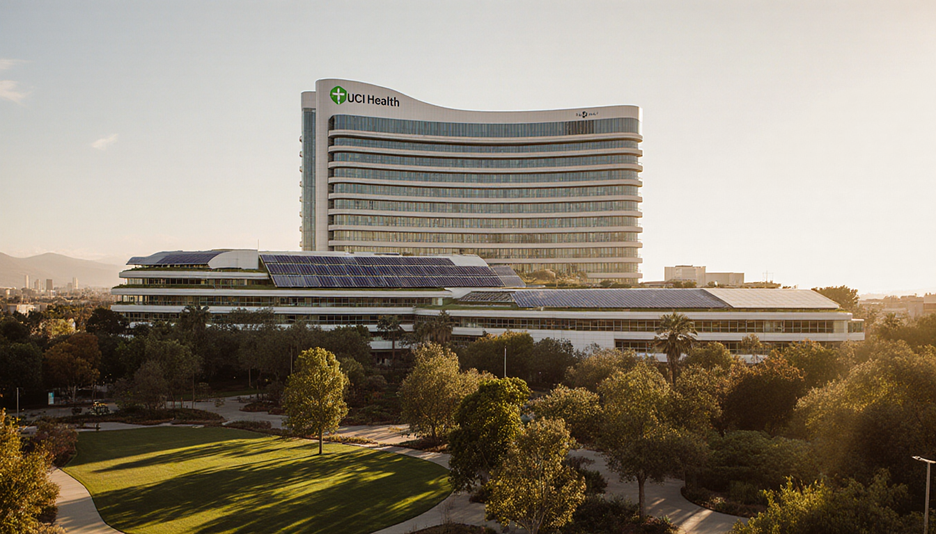 UCI Health hospital rises above Irvine park with solar panels and green roofs under warm sunlight