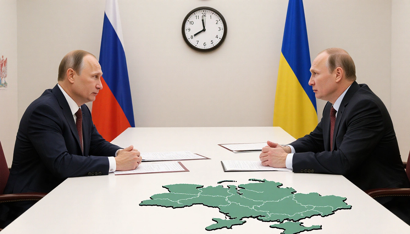 Ukraine negotiator and Russian President Putin sit at a table with maps of Ukraine and Russia and a clock showing time