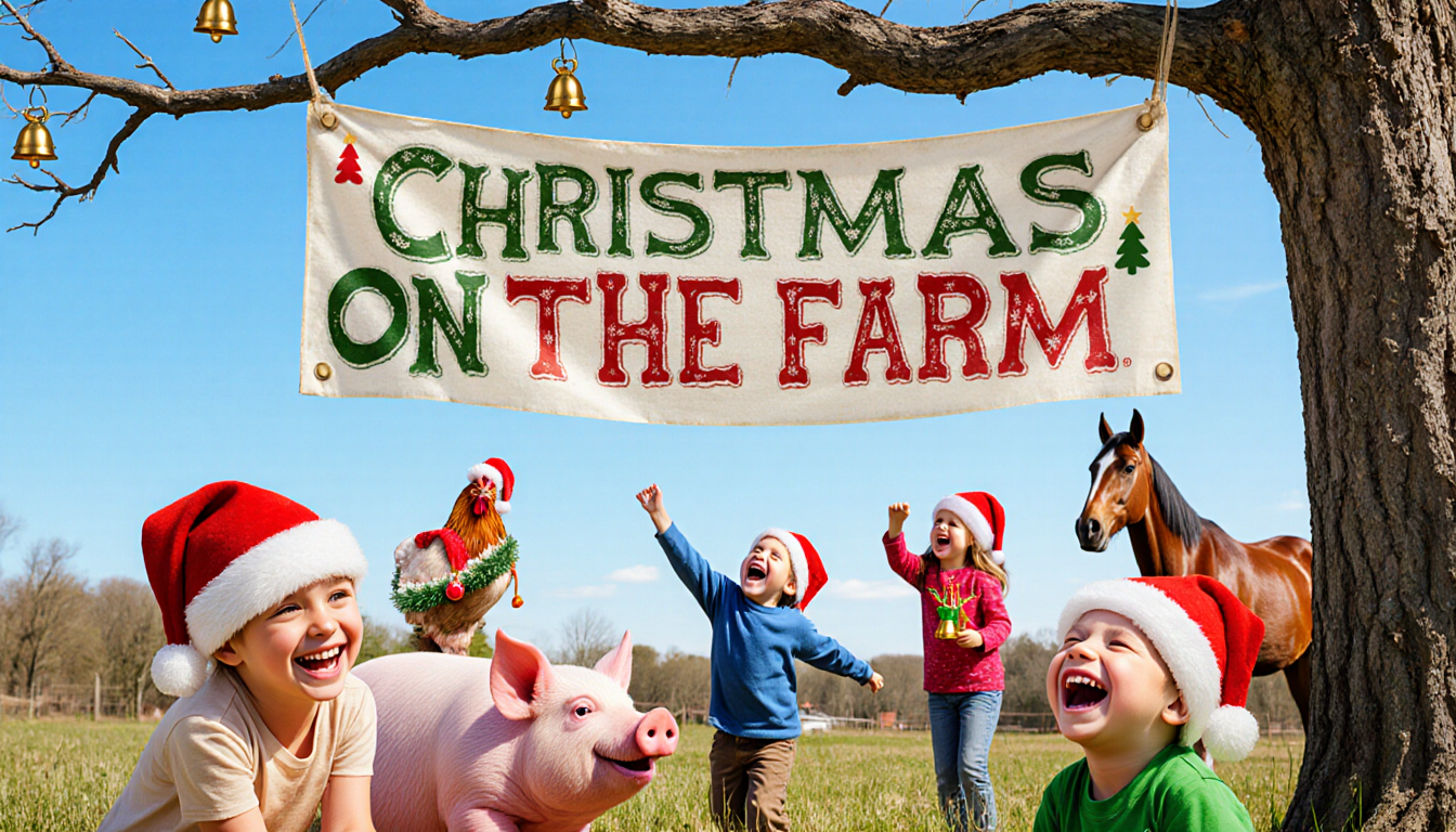 Children laugh with farm animals wearing Santa hats while a Christmas banner hangs from a wooden tree branch under a blue sky