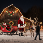 Santa Claus standing with reindeer beside the rustic barn with festive lights and children playing in snow.