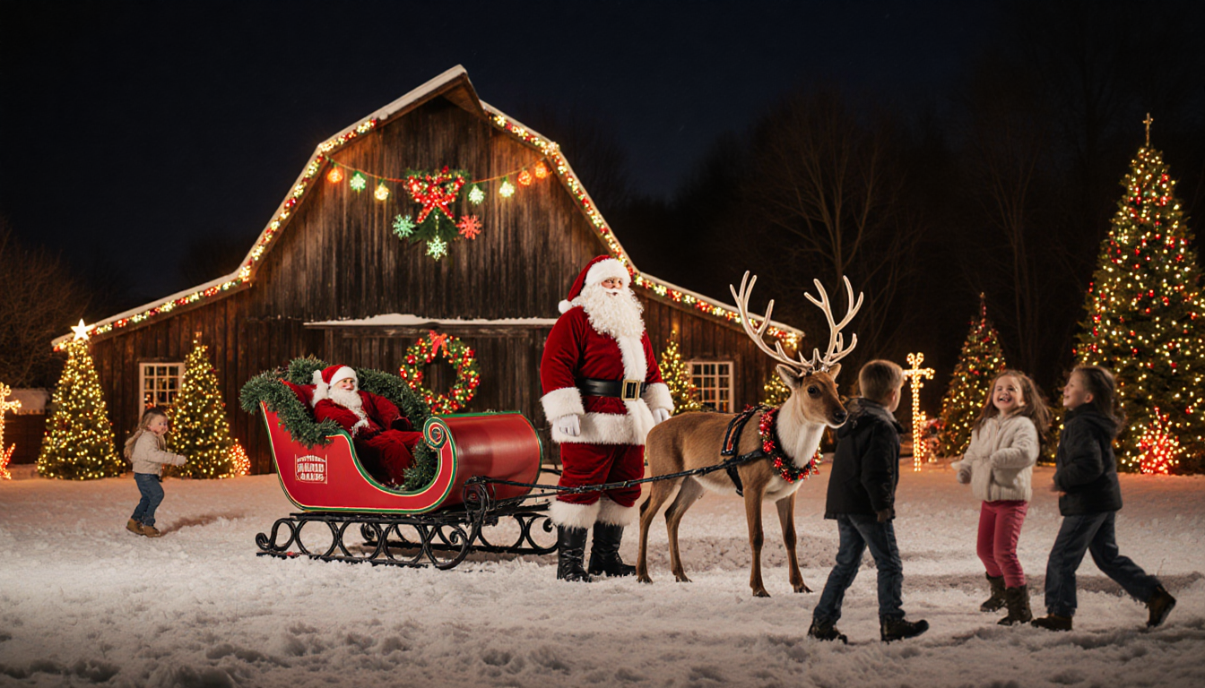 Santa Claus standing with reindeer beside the rustic barn with festive lights and children playing in snow.