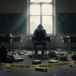 Lone student sits with a bullet casing on the floor and police tape surrounding the broken chalkboard