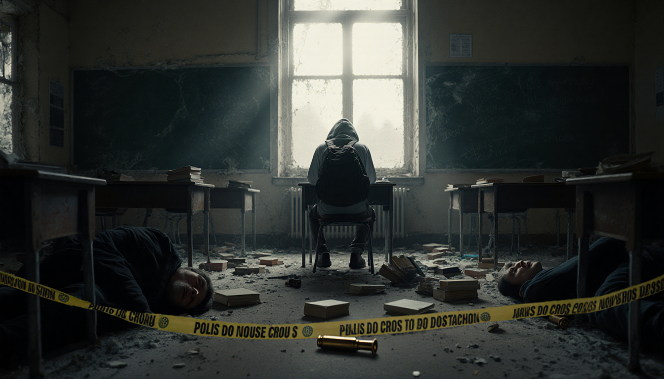 Lone student sits with a bullet casing on the floor and police tape surrounding the broken chalkboard
