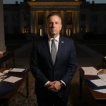 University of Michigan president Grasso stands at dusk in front of a dim athletic department building with notes and lighting