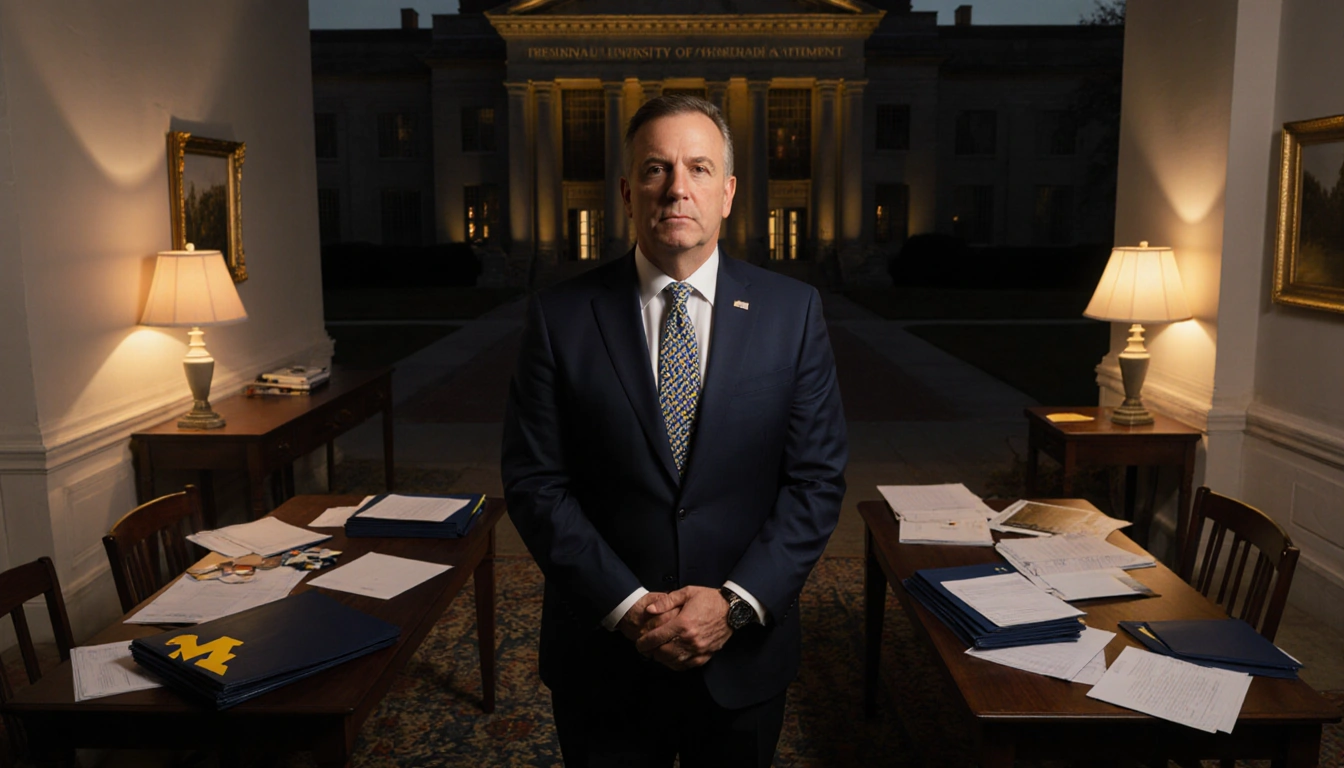 University of Michigan president Grasso stands at dusk in front of a dim athletic department building with notes and lighting