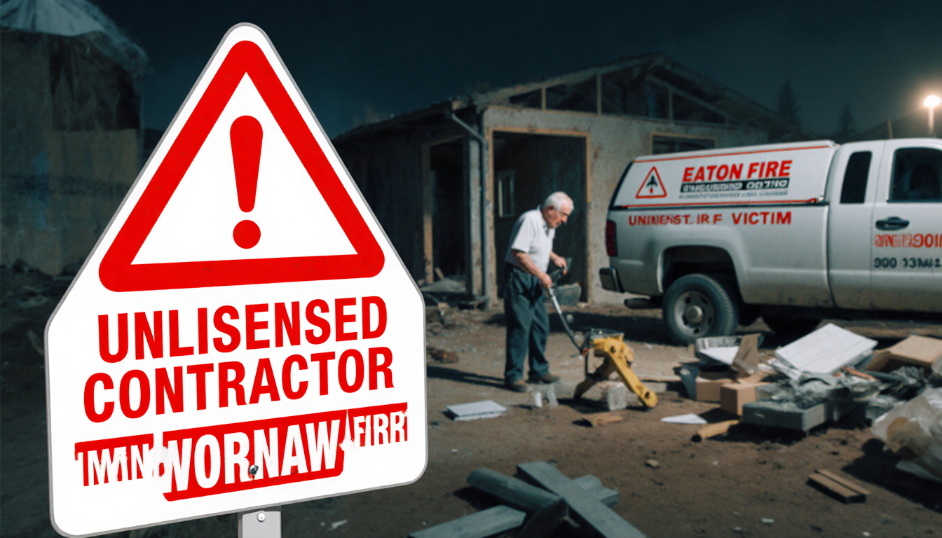 Warning sign showing Unlicensed Contractor with blurred elderly worker and half‑finished construction in background