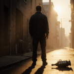 Robert Isaiah Barceleau stands in a dim alley at dawn with a discarded catalytic converter and a golden glow on silhouette.