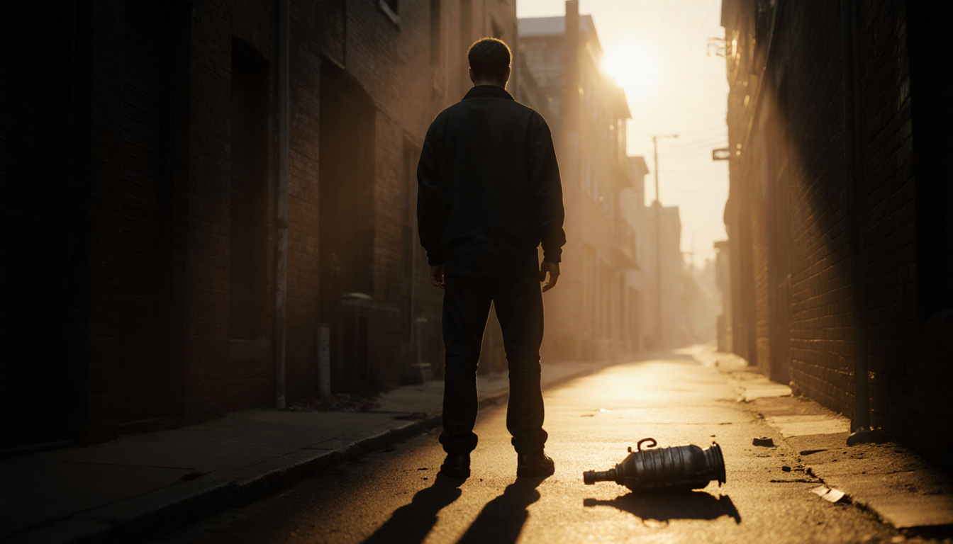 Robert Isaiah Barceleau stands in a dim alley at dawn with a discarded catalytic converter and a golden glow on silhouette.