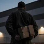 UPS seasonal worker holding a heavy package with fists clenched and standing before a looming UPS warehouse at dusk.