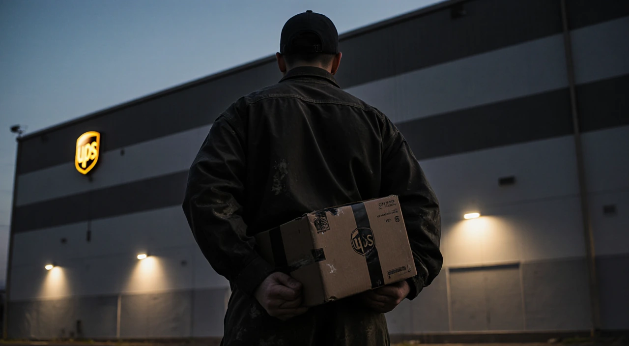 UPS seasonal worker holding a heavy package with fists clenched and standing before a looming UPS warehouse at dusk.