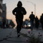 Teen running toward camera with blooming flowers in cracked pavement and blurred city crowd