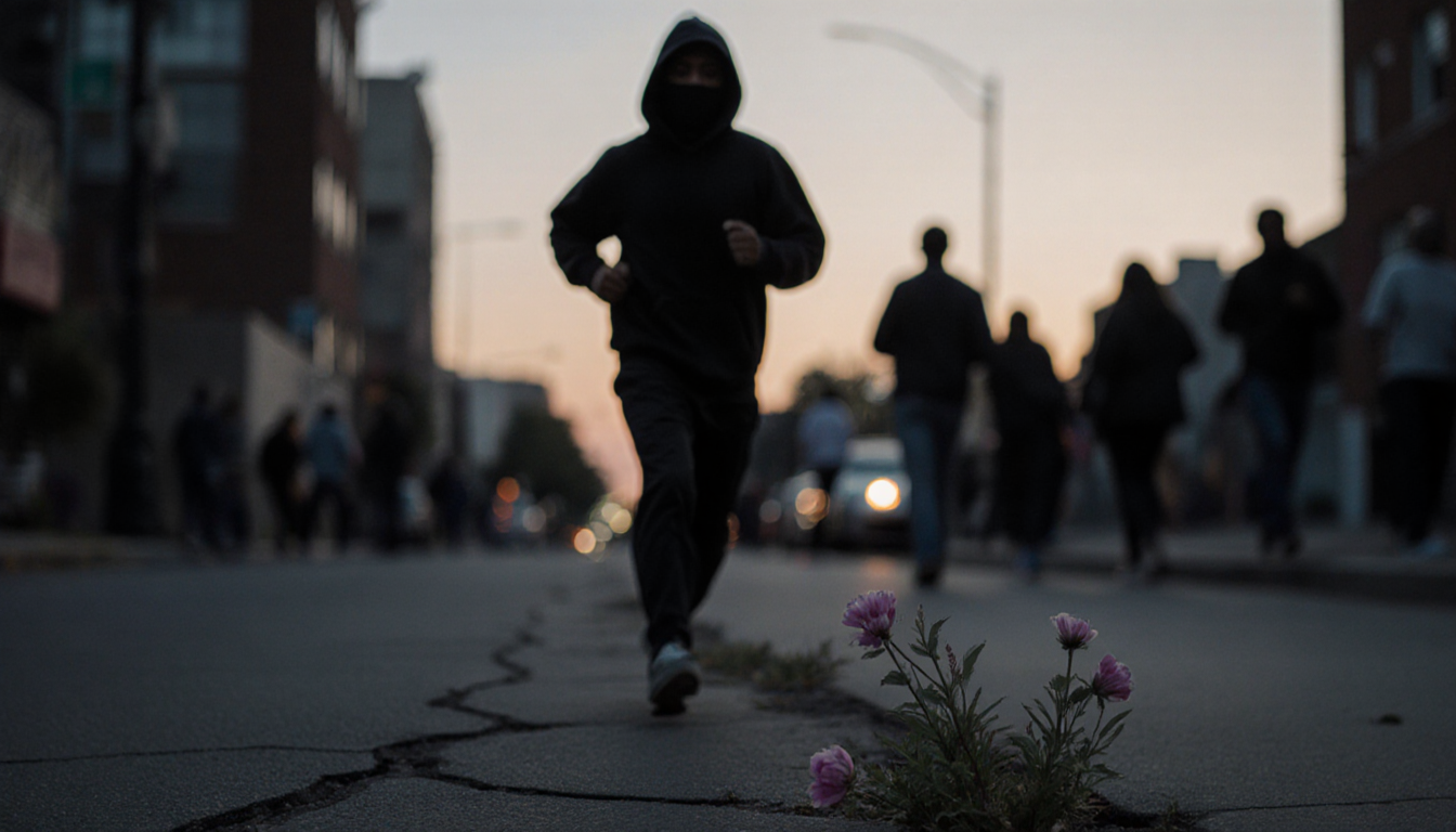 Teen running toward camera with blooming flowers in cracked pavement and blurred city crowd