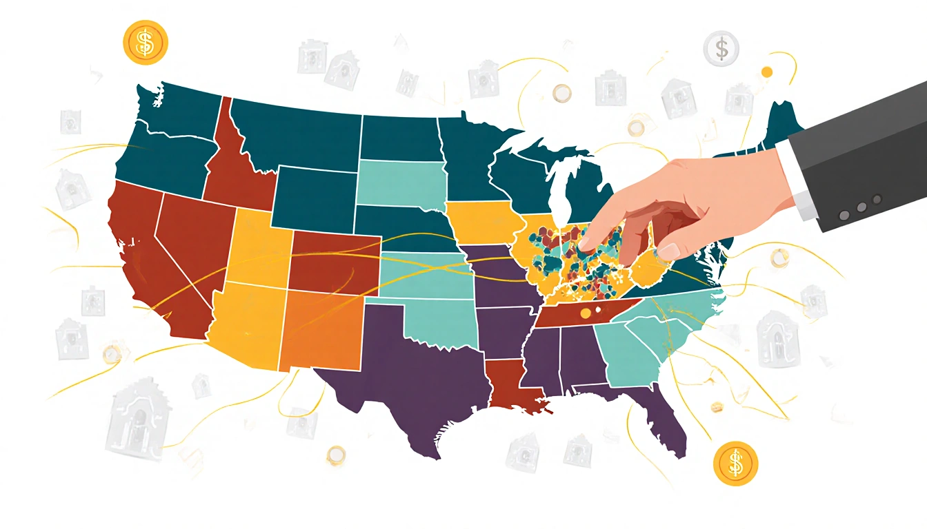 Hand reaching out to a highlighted neighborhood on a US map with census lines and participation icons in the background
