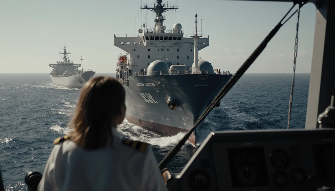 U.S. Navy vessels surround and secure oil tanker with anchor lines extended and Pam Bondi observing from the bridge