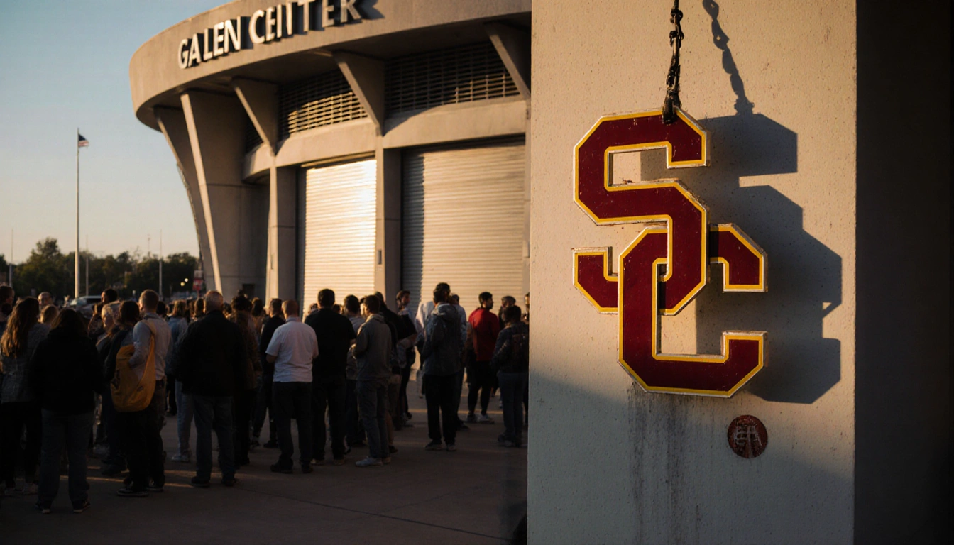 Crowd gathers outside the empty Galen Center with a faded USC logo hanging limp and shuttered doors at sunset.