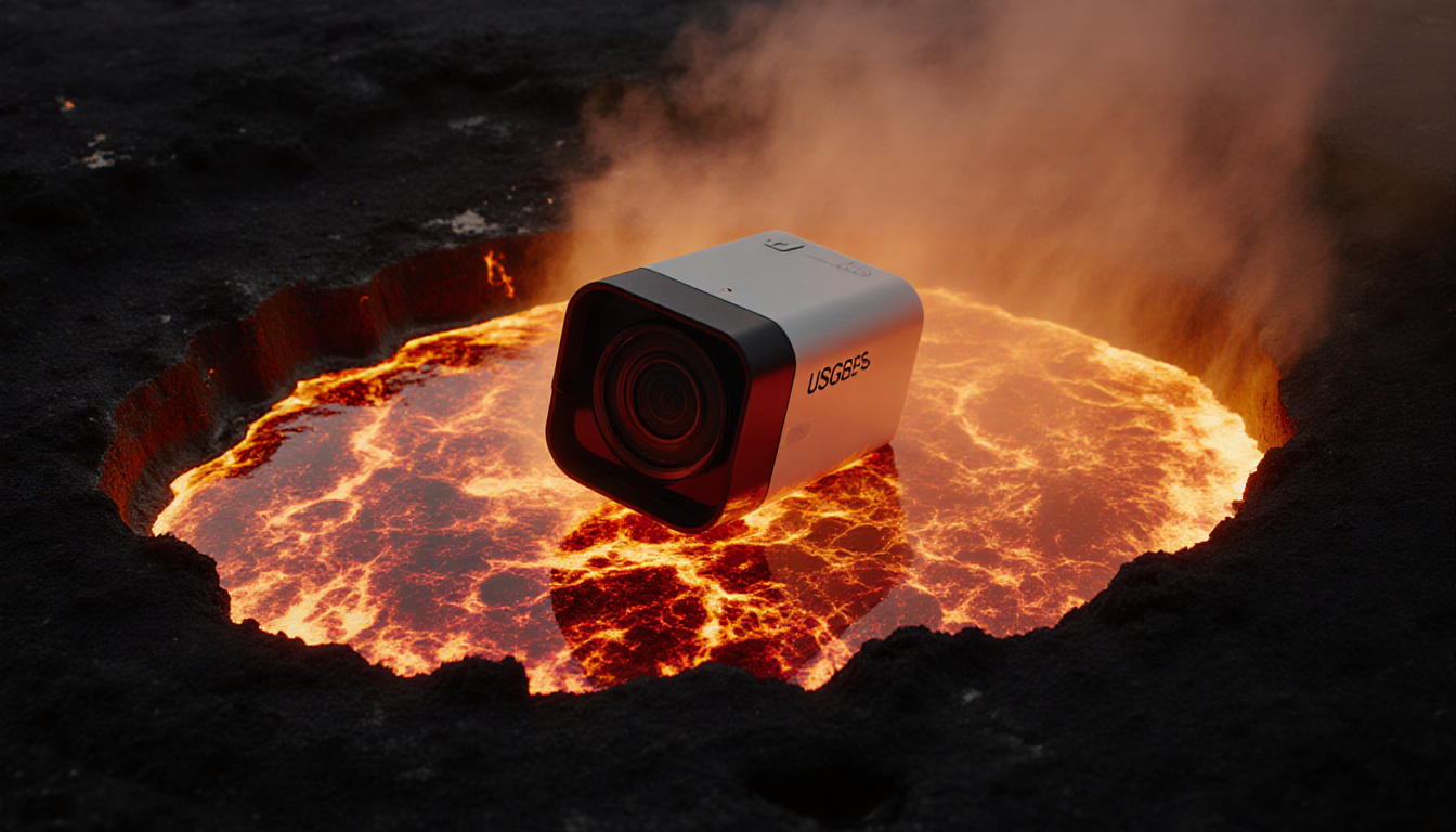 USGS camera struggling in molten lava with glowing crimson flow and golden crater rim