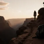 Silhouette of a young hiker walking into a Utah canyon at dusk with golden sky and footprints leading to an abandoned backpac