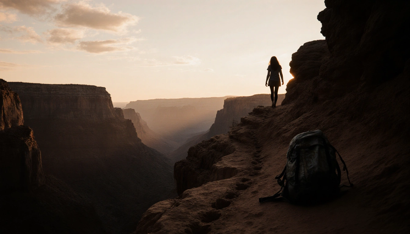 Silhouette of a young hiker walking into a Utah canyon at dusk with golden sky and footprints leading to an abandoned backpac
