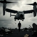 Naval officer walking away from crashed V‑22 Osprey hovering over stormy clouds with debris scattered around