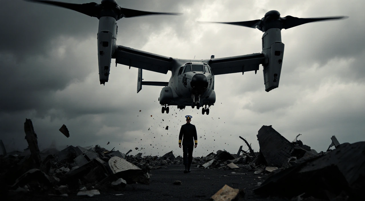 Naval officer walking away from crashed V‑22 Osprey hovering over stormy clouds with debris scattered around