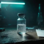 Vial glowing with silver aluminum particles on worn desk in blue‑green lab light and scattered vaccine notes