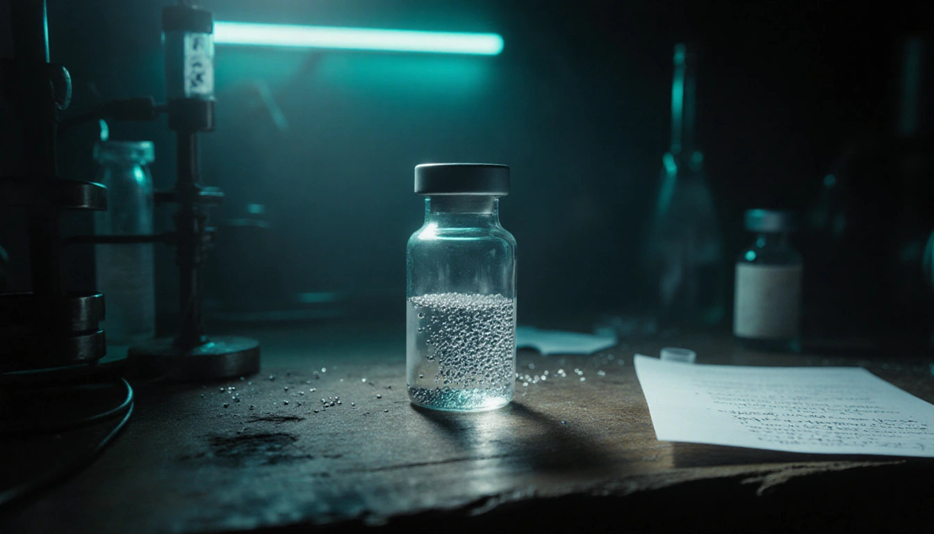 Vial glowing with silver aluminum particles on worn desk in blue‑green lab light and scattered vaccine notes