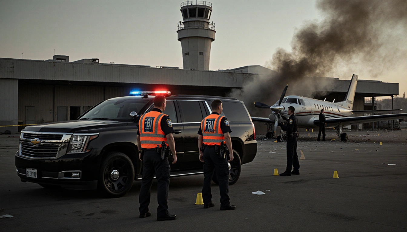 FBI agent and LAX officer securing evidence markers with black SUV flashing lights and airport smoke