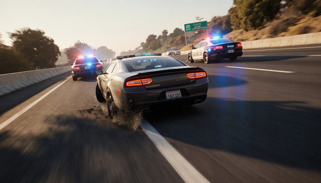 Suspect’s car weaving in traffic on 14 Freeway with tires skidding over lane divider and flashing police lights