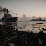 Damaged dock crumbling with oil slicks and debris as a U.S. Navy ship lights the horizon