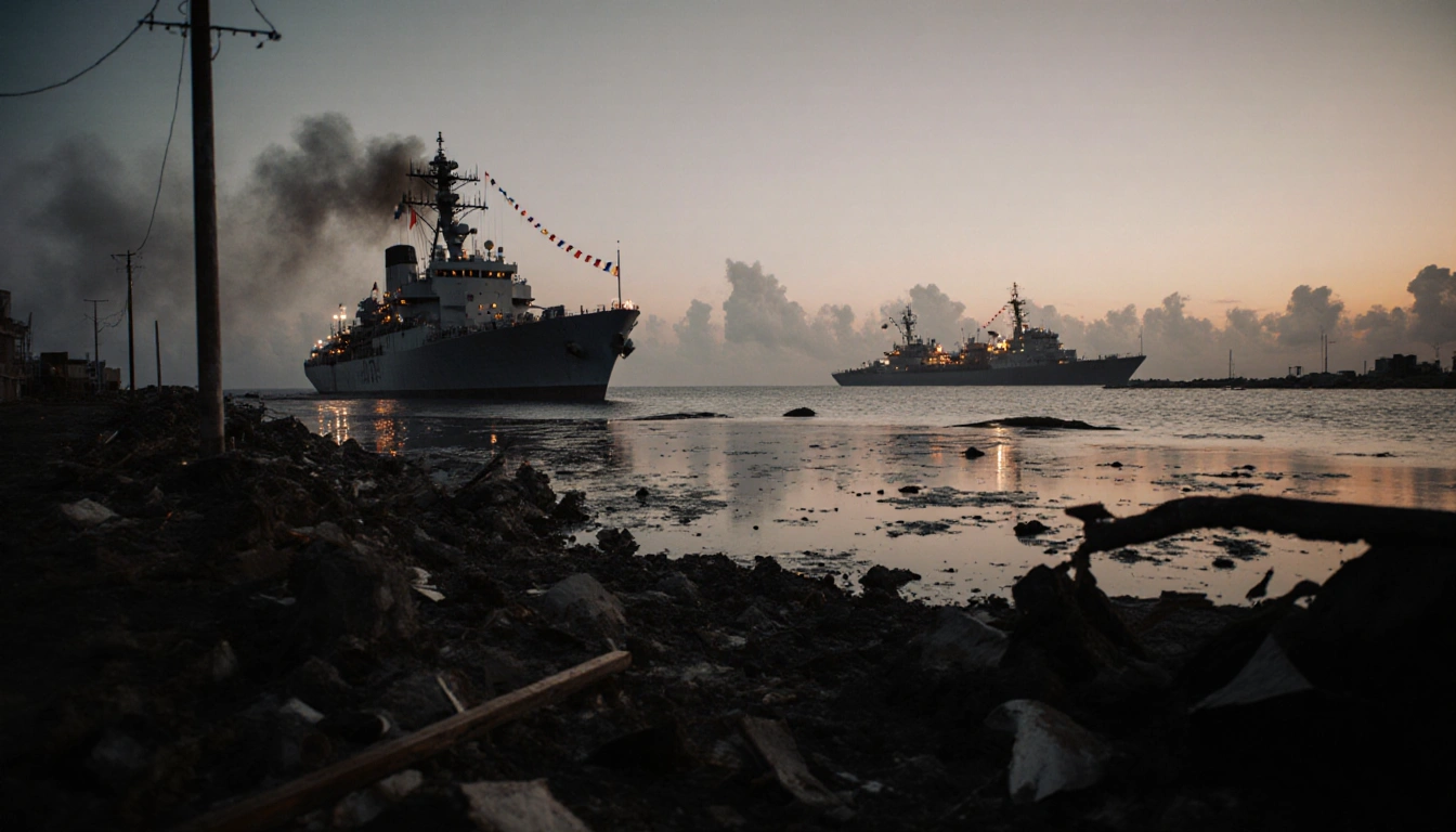 Damaged dock crumbling with oil slicks and debris as a U.S. Navy ship lights the horizon