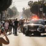 Police car with flashing lights draws a crowd of frustrated onlookers while a pedestrian takes a photo on Ventura Boulevard