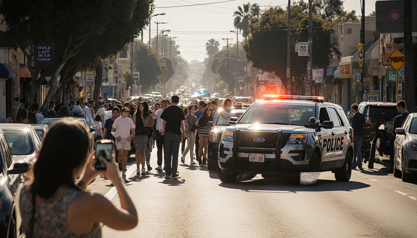 Police car with flashing lights draws a crowd of frustrated onlookers while a pedestrian takes a photo on Ventura Boulevard