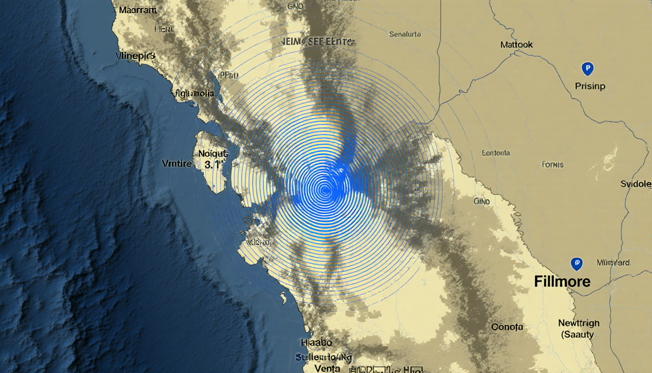Map shows seismic activity in Ventura County with a bright blue line from Fillmore and lighter yellow lines for weaker quakes