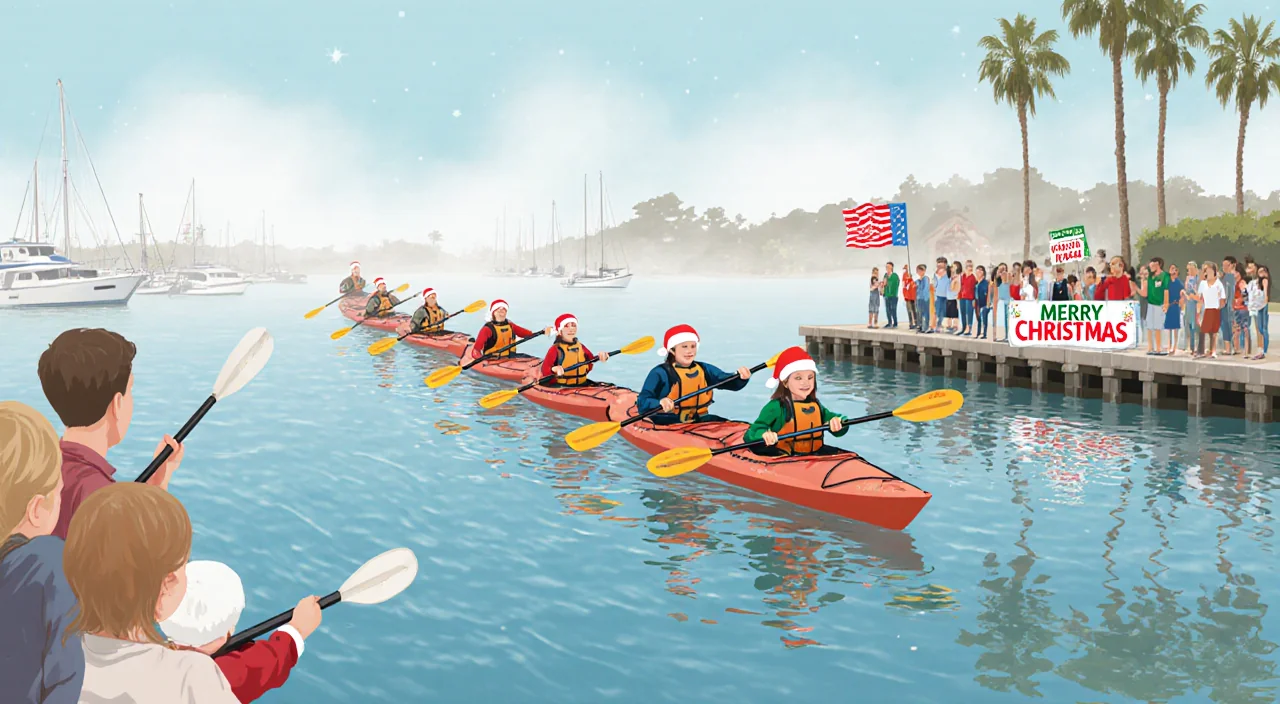 Paddlers glide through Ventura Harbor in kayaks wearing Santa hats with families and spectators in festive procession