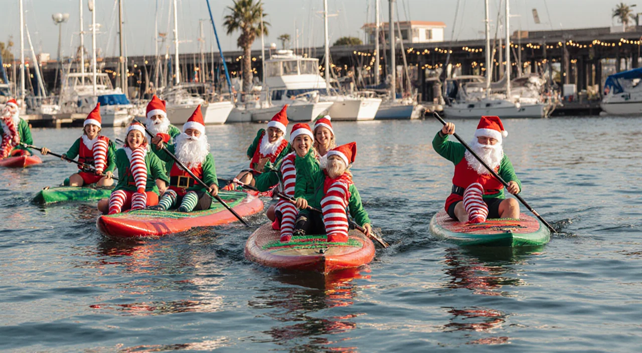 Participants paddleboarding through calm waters of Ventura Harbor Village with colorful elves and Santa hats in background