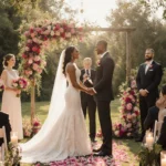 Venus Williams and Andrea Preti exchanging vows with golden light and double wedding garden flowers