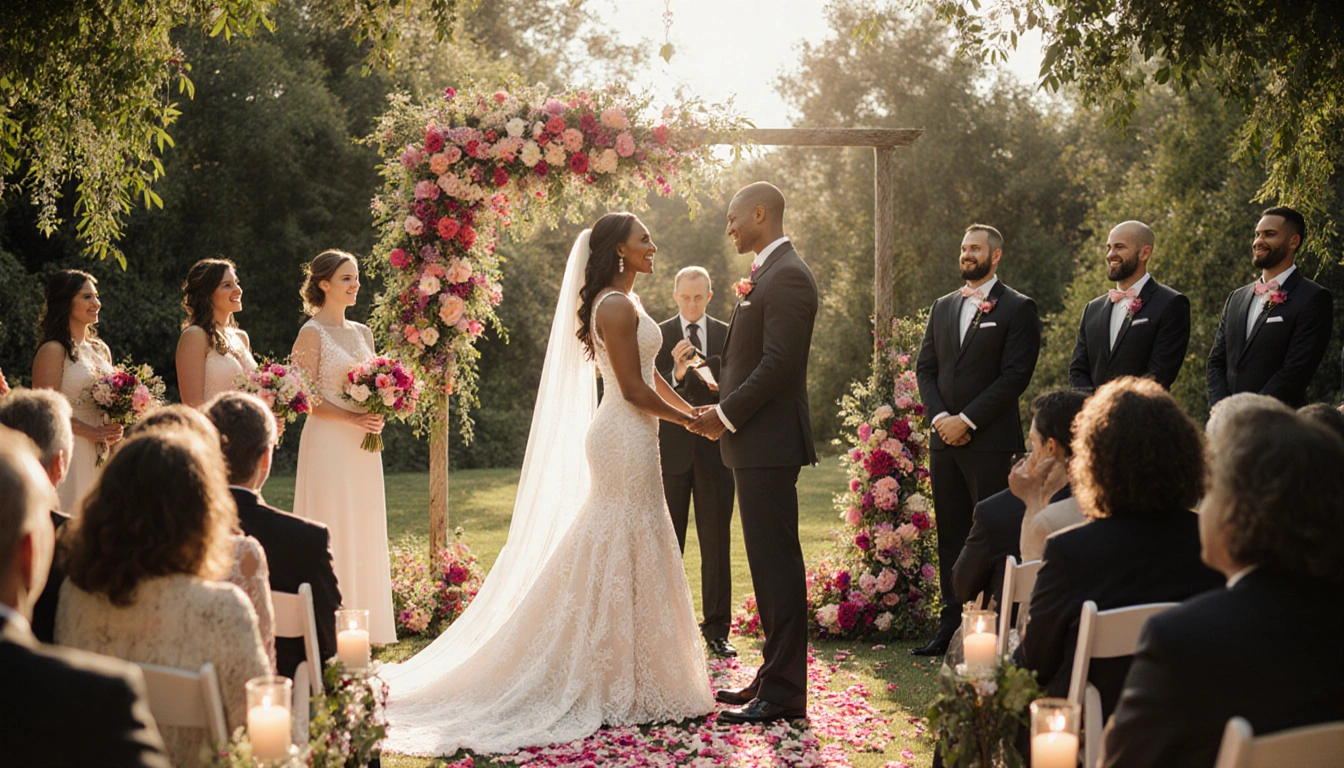 Venus Williams and Andrea Preti exchanging vows with golden light and double wedding garden flowers