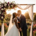 Venus and Andrea exchanging vows with golden sunset light wedding arches and lush garden.