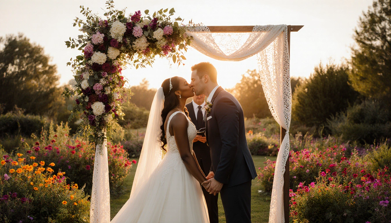 Venus and Andrea exchanging vows with golden sunset light wedding arches and lush garden.