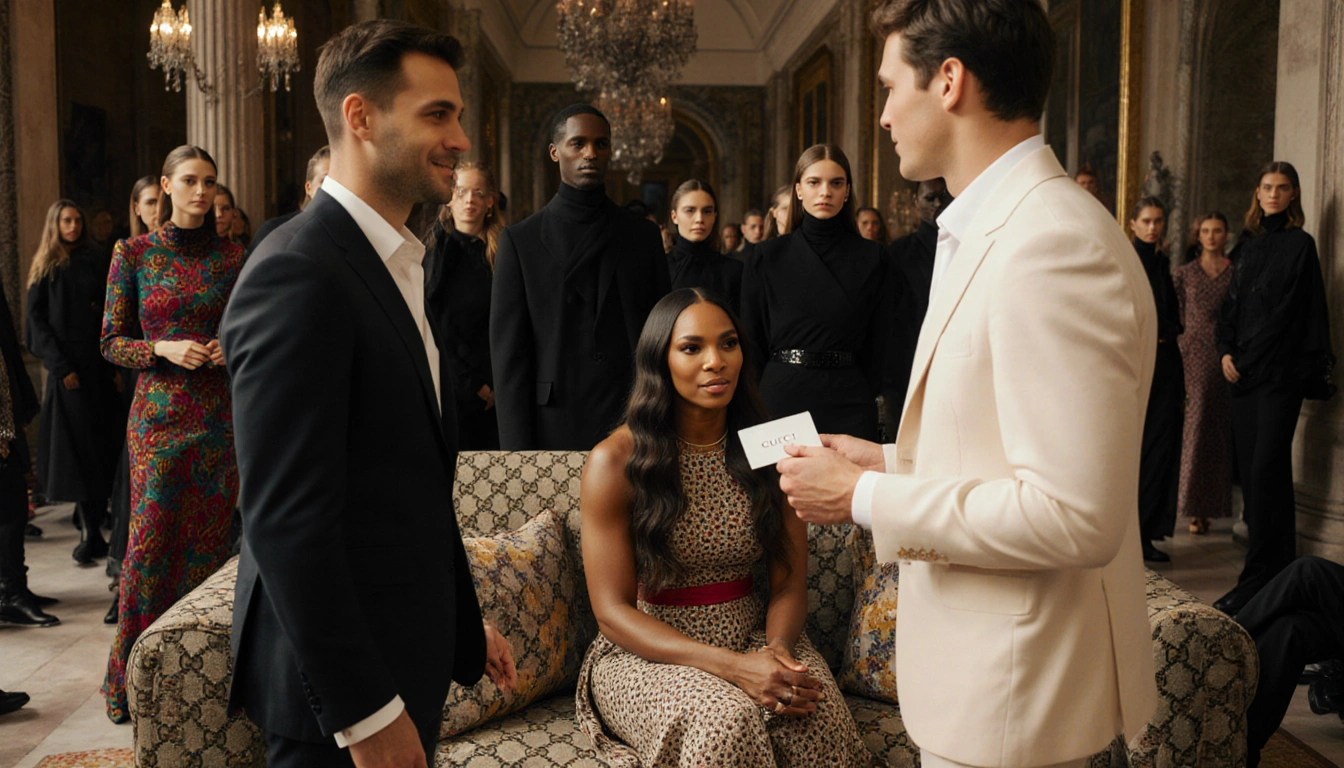 Venus Williams sitting on a sofa at a Gucci show with Andrea Preti approaching holding a business card