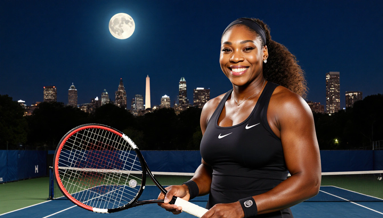 Venus Williams smiling while holding tennis racket with wedding ring and moonlight over nighttime court with cityscape behind