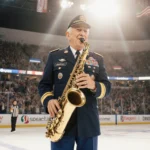 104-year-old veteran Dominick Critelli plays saxophone with a smile in front of a packed crowd on the ice at Barclays Center.