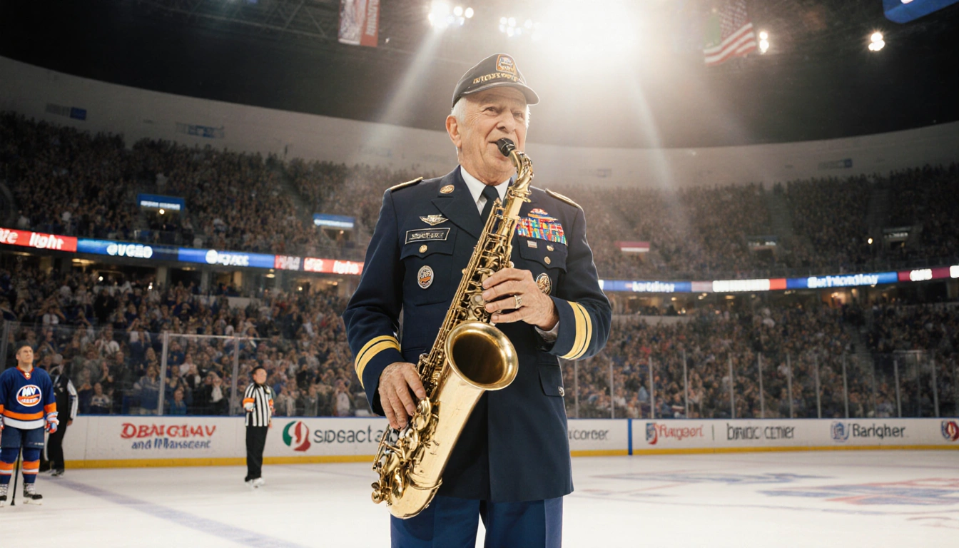 104-year-old veteran Dominick Critelli plays saxophone with a smile in front of a packed crowd on the ice at Barclays Center.
