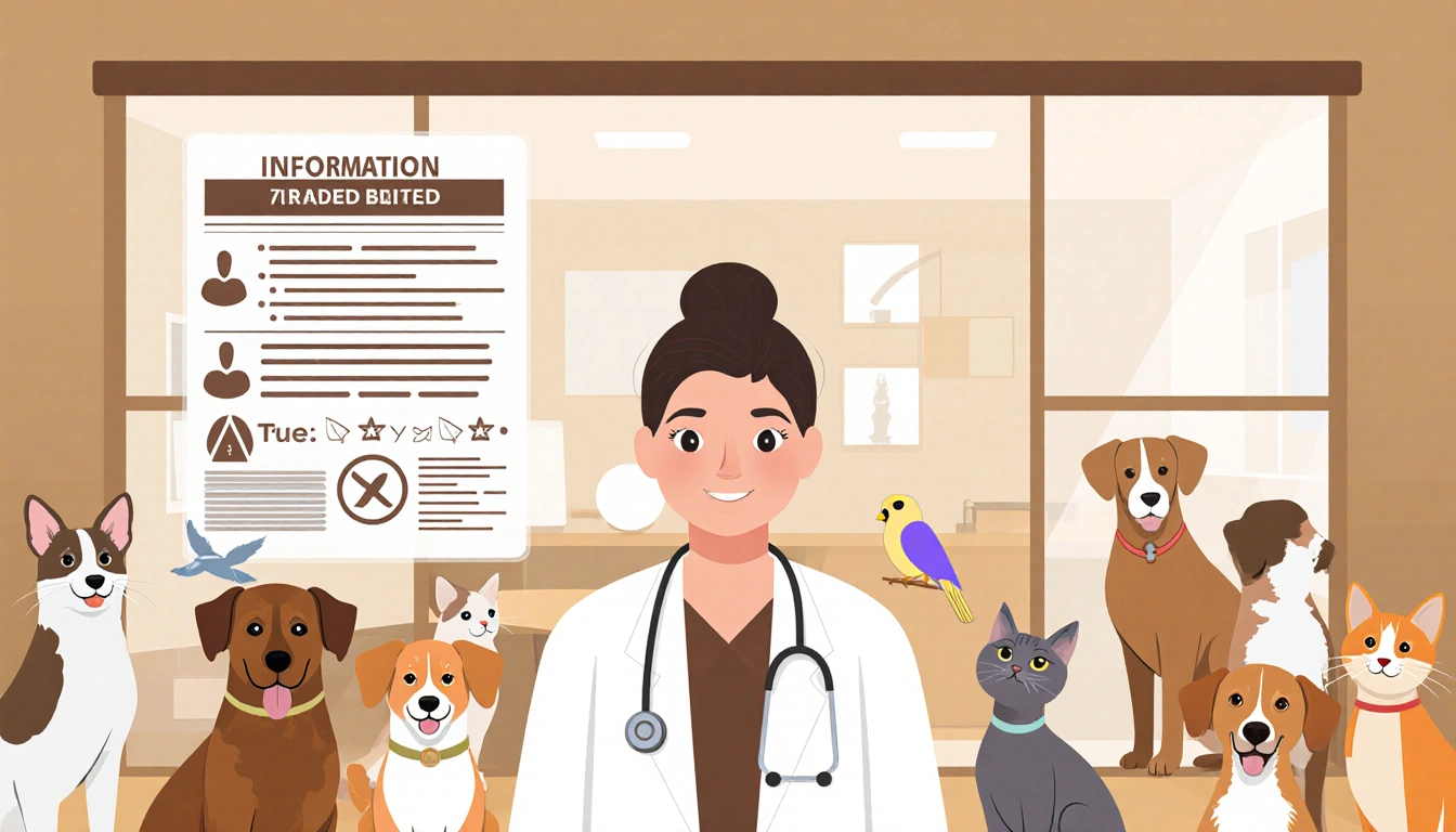 Veterinarian standing in front of modern clinic with calm expression and diverse dogs cats birds nearby