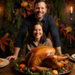 Vicki Johnson sits at a table with a golden turkey centerpiece and Jeff Strauss smiling beside her in an autumn celebration